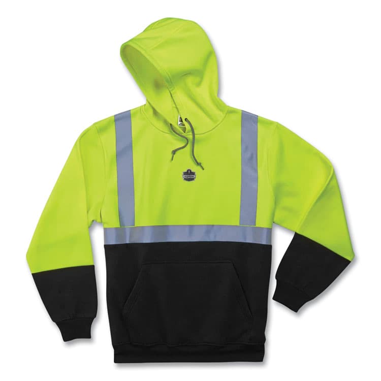 ERGODYNE CORPORATION GloWear 8293 Hi-Vis Class 2 Hooded Sweatshirt Black Bottom, Polar Fleece, Medium, Lime (EGO21683)