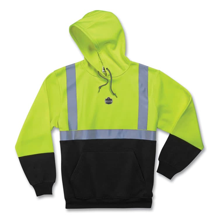 ERGODYNE CORPORATION GloWear 8293 Hi-Vis Class 2 Hooded Sweatshirt Black Bottom, Polar Fleece, 2X-Large, Lime (EGO21686)