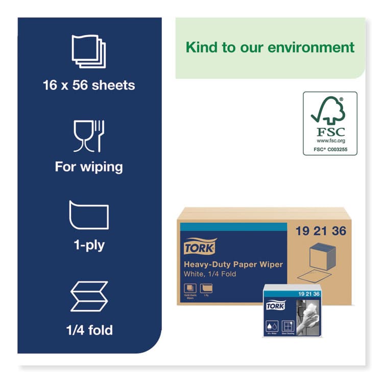 ESSITY Heavy-Duty Paper Wiper 1/4 Fold, 1-Ply, 12.5 x 13, White, 56/Pack, 16 Packs/Carton (TRK192136) thumbnail 3