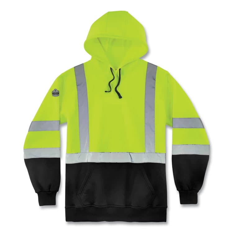 ERGODYNE CORPORATION GloWear 8373 Hi-Vis Class 3 Hooded Sweatshirt with Black Bottom, Polar Fleece, Lime, X-Large (EGO21885)