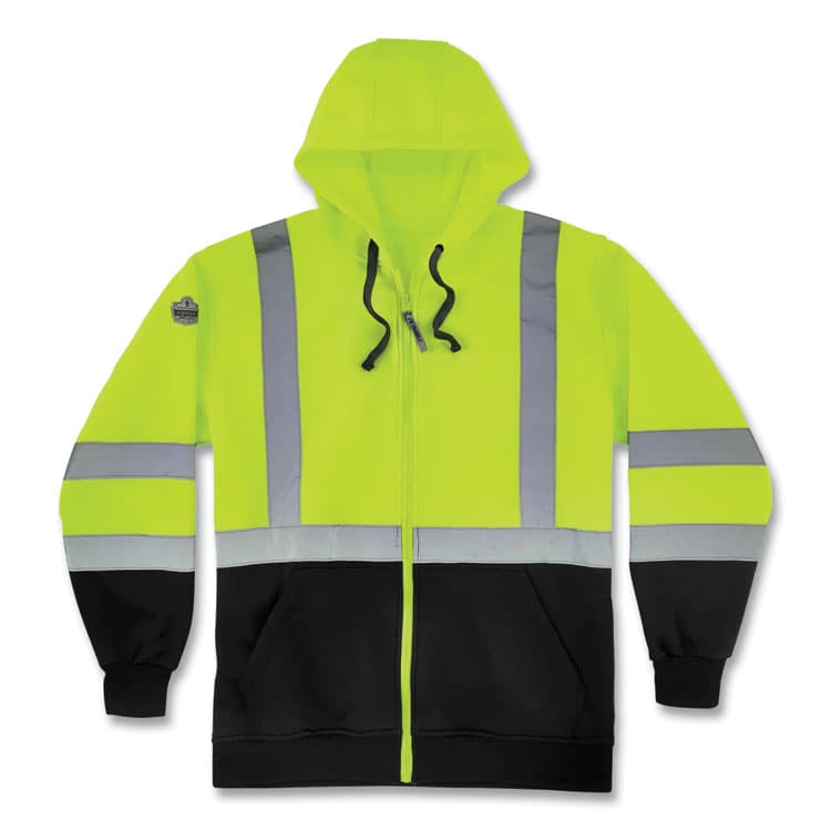 ERGODYNE CORPORATION GloWear 8372 ZipUp HiVis Class 3 Zip Hooded Sweatshirt with Black Bottom, Polar Fleece, Lime, X-Large (EGO21845)