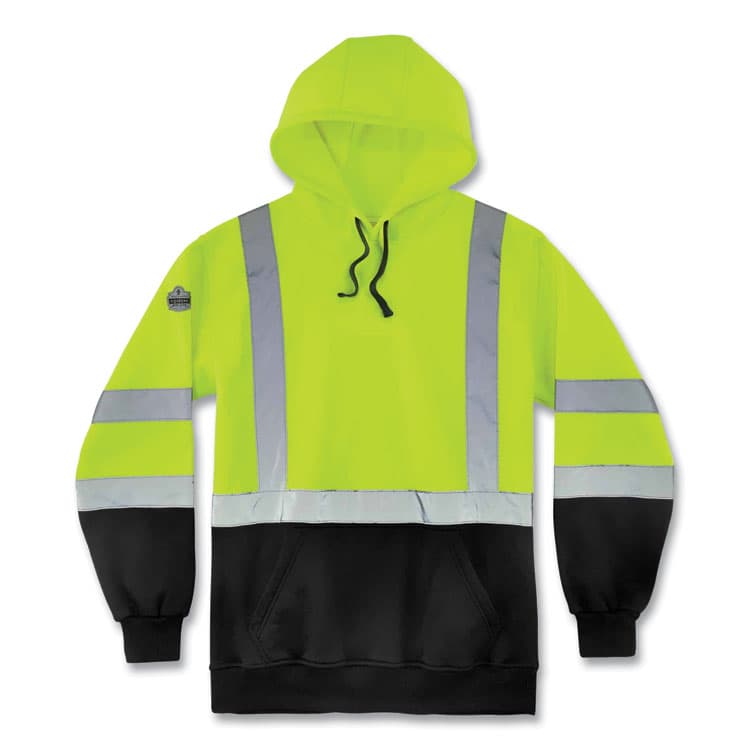 ERGODYNE CORPORATION GloWear 8373 Hi-Vis Class 3 Hooded Sweatshirt with Black Bottom, Polar Fleece, Lime, Large (EGO21884)
