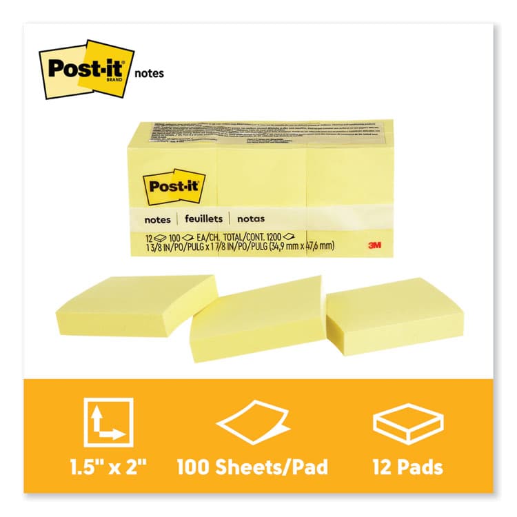 3M/COMMERCIAL TAPE DIV. Original Pads in Canary Yellow, 1.38" x 1.88", 100 Sheets/Pad, 12 Pads/Pack (MMM653YW) thumbnail 2