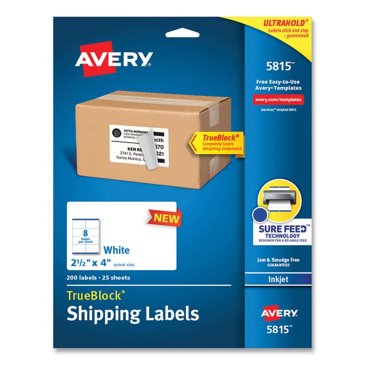 AVERY PRODUCTS CORPORATION Shipping Labels with TrueBlock Technology, Inkjet Printers, 2.5 x 4, White, 8 Labels/Sheet, 25 Sheets/Pack (AVE5815)