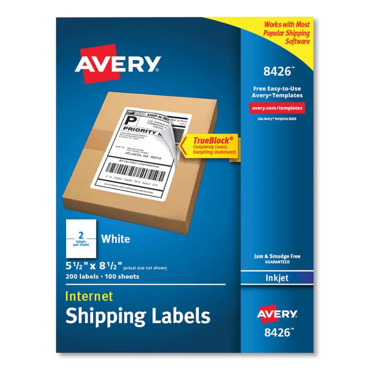 AVERY PRODUCTS CORPORATION Shipping Labels with TrueBlock Technology, Inkjet Printers, 5.5 x 8.5, White, 2 Labels/Sheet, 100 Sheets/Pack, 2 Packs (AVE8426)