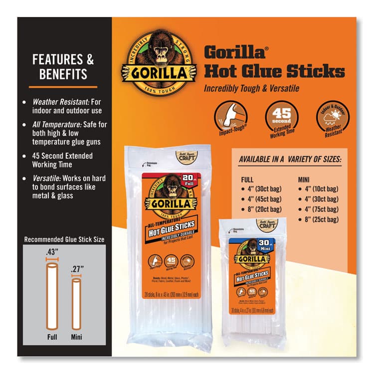 GORILLA GLUE COMPANY Mini Hot Glue Sticks, 0.27" dia x 4", Dries Clear, 30/Pack (GOR3023003) thumbnail 4