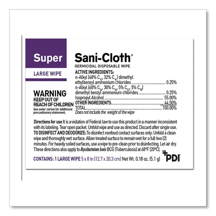 SANI PROFESSIONAL Super Sani-Cloth Individually Wrapped Germicidal Disposable Wipes, Large, 1-Ply, 5 x 8, Unscented, White, 50/Pack (PDIH04082) thumbnail 2