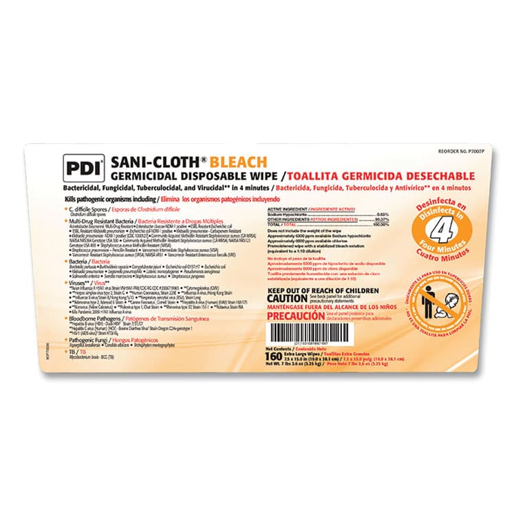 SANI PROFESSIONAL Sani-Cloth Bleach Germicidal Disposable Wipes, 1-Ply, 7.5 x 15, Unscented, White, 160/Pail, 2 Pails/Carton (PDIP7007P) thumbnail 2