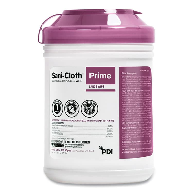 SANI PROFESSIONAL Sani-Cloth Prime Germicidal Disposable Wipes, Large, 1-Ply, 6 x 6.75, Unscented, White, 160/Canister, 12 Canisters/Carton (PDIP25372) thumbnail 2