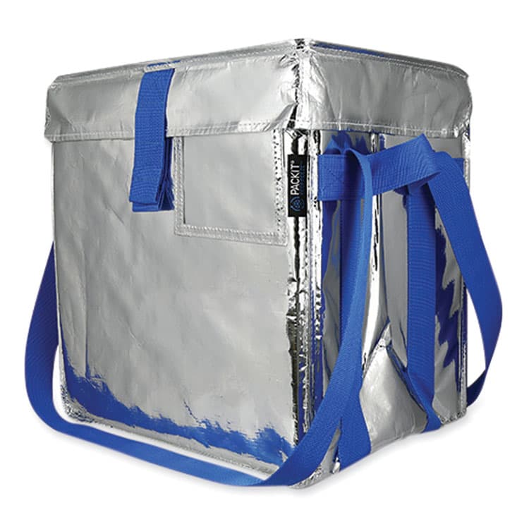 PACKIT LLC Fresh Eco Freeze Tote, (2) Blue Nylon Shoulder Straps, (2) Blue Nylon Strap Handles, 13.5" x 9" x 13", Silver/Blue, 4/Carton (PKFUDMAG)