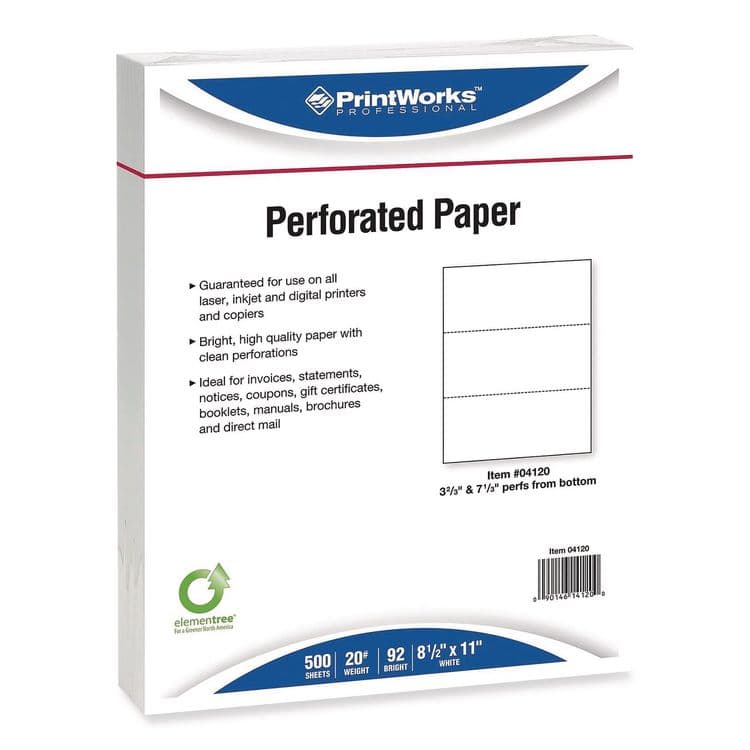 PARIS CORPORATION Perforated Paper, 3.66" and 7.33" from Bottom, 92 Bright, 20 lb Bond Weight, 8.5 x 11, White, 500/Ream, 5 Reams/Carton (PRB04120CT) thumbnail 3