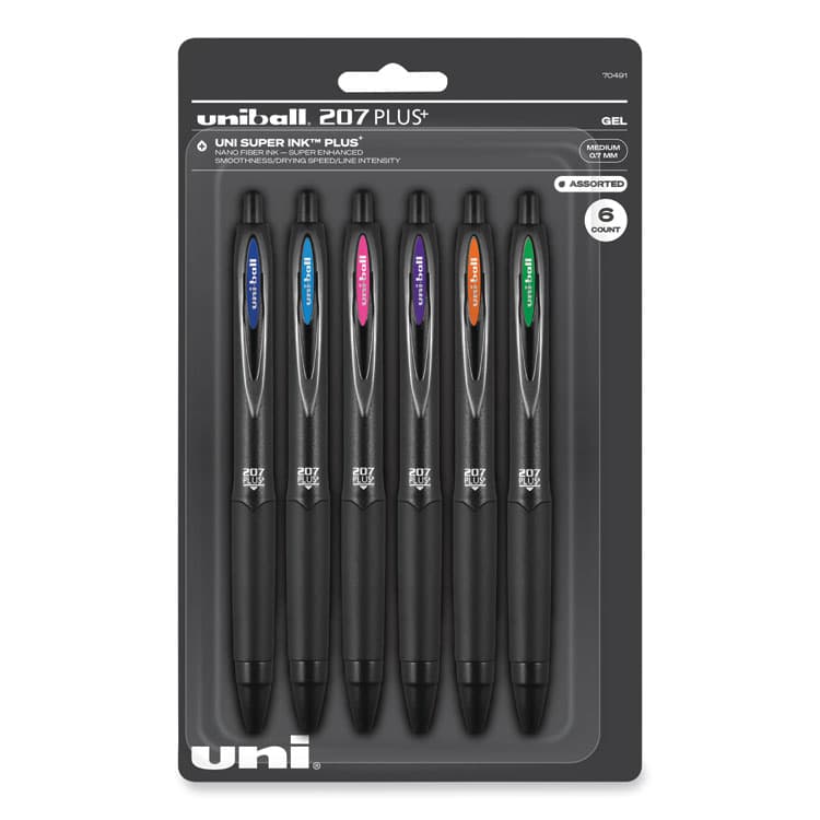 UNI 207 Plus+ Gel Pen, Retractable, Medium 0.7 mm, Assorted Inspirational Ink Colors, Black Barrel, 6/Pack (UBC70491)