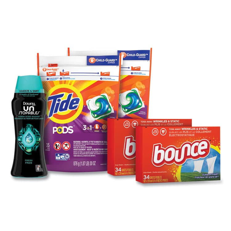 PROCTER & GAMBLE Better Together Laundry Care Bundle, (2) Bags Tide Pods, (2) Boxes Bounce Dryer Sheets, (1) Bottle Downy Unstopables (PGC12777)