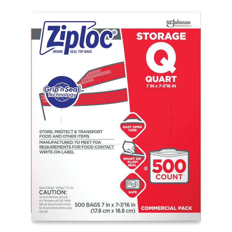SC JOHNSON Double Zipper Storage Bags, Quart, 7" x 7.75", Clear, 500/Box (SJN364899)