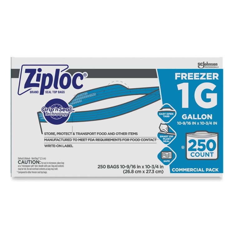 SC JOHNSON Zipper Freezer Bags, 1 gal, 10.56" x 10.75", Clear, 250/Carton (SJN364937)