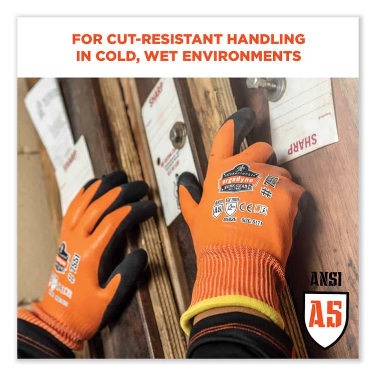 ERGODYNE CORPORATION ProFlex 7551-CASE ANSI A5 Coated Waterproof CR Gloves, EN388: 4X43E, 11" Long, X-Large, Orange, 144 Pairs/Carton (EGO17995) thumbnail 3