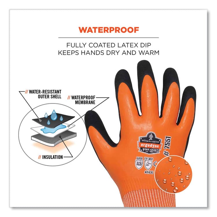 ERGODYNE CORPORATION ProFlex 7551-CASE ANSI A5 Coated Waterproof CR Gloves, EN388: 4X43E, 10.5" Long, Large, Orange, 144 Pairs/Carton (EGO17994) thumbnail 4