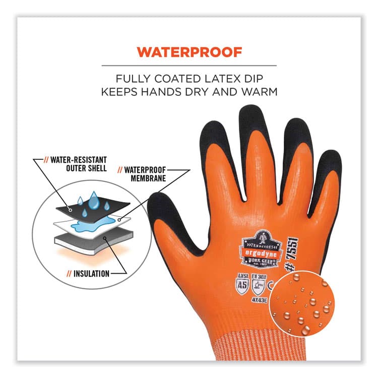 ERGODYNE CORPORATION ProFlex 7551 ANSI A5 Coated Waterproof CR Gloves, EN388: 4X43E, 11" Long, XX-Large, Orange, Pair (EGO17676) thumbnail 3