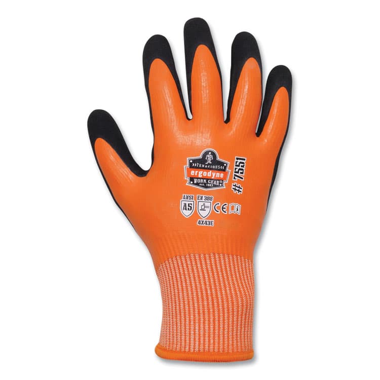 ERGODYNE CORPORATION ProFlex 7551-CASE ANSI A5 Coated Waterproof CR Gloves, EN388: 4X43E, 10.5" Long, Large, Orange, 144 Pairs/Carton (EGO17994)