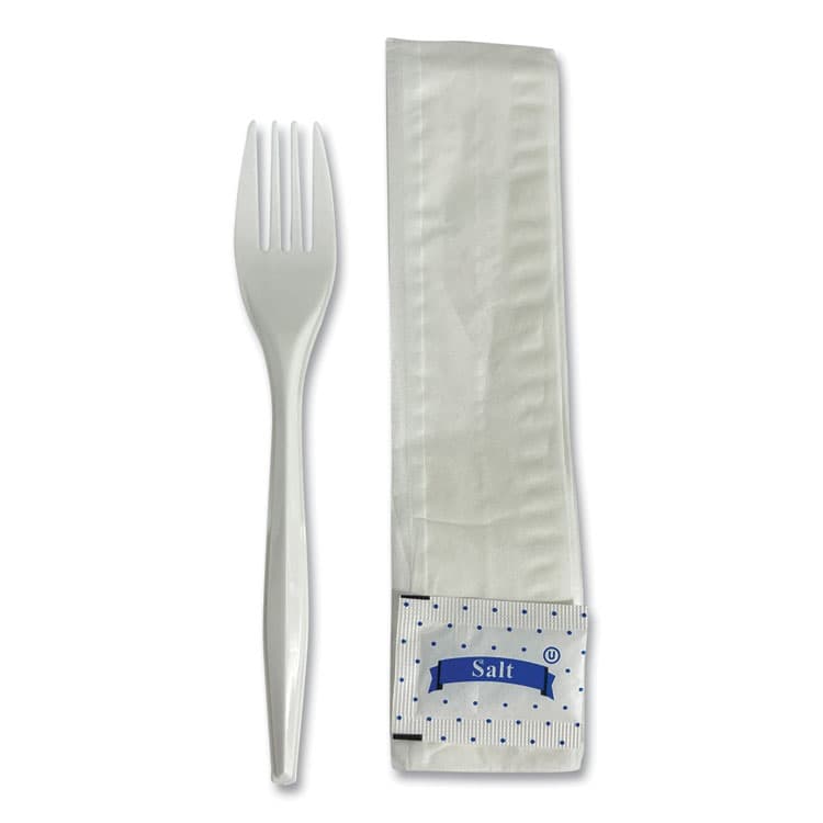 BOARDWALK Three-Piece Utensil Set, Fork/Napkin/Salt, Plastic, White, 500/Carton (BWK3KITMW) thumbnail 2