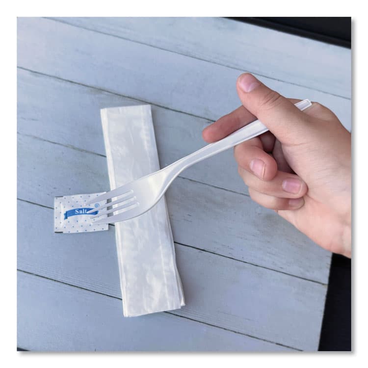 BOARDWALK Three-Piece Utensil Set, Fork/Napkin/Salt, Plastic, White, 500/Carton (BWK3KITMW) thumbnail 3