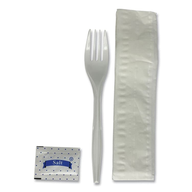 BOARDWALK Three-Piece Utensil Set, Fork/Napkin/Salt, Plastic, White, 500/Carton (BWK3KITMW) thumbnail 4