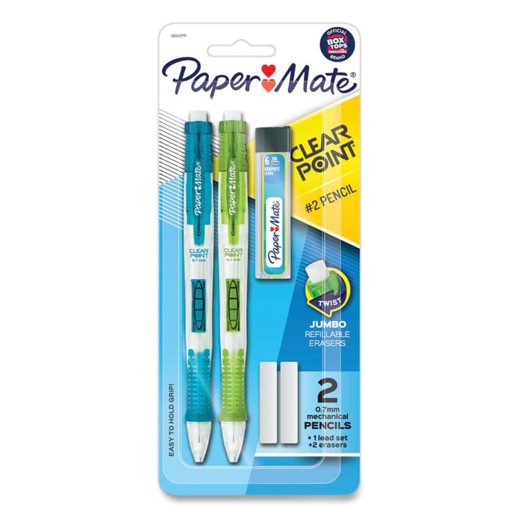 SANFORD Clear Point Mechanical Pencils with Tube of Lead/Erasers, 0.7 mm, HB (#2), Black Lead, Randomly Assorted Barrel Colors, 2/PK (PAP56047PP)
