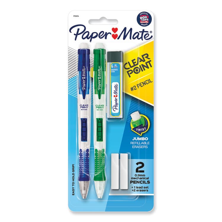 SANFORD Clear Point Mechanical Pencils with Tube of Lead/Erasers, 0.9 mm, HB (#2), Black Lead, Assorted Barrel Colors, 2/Pack (PAP1759214)