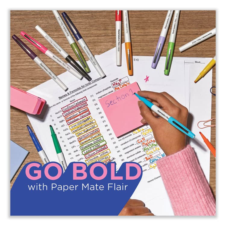 SANFORD Flair Felt Tip Porous Point Pen, Stick, Bold 1.2 mm, Assorted Ink Colors, White Pearl Barrel, 6/Pack (PAP2125411) thumbnail 2