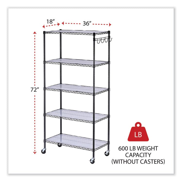 ALERA 5-Shelf Wire Shelving Kit with Casters and Shelf Liners, 36w x 18d x 72h, Black Anthracite (ALESW653618BA) thumbnail 2