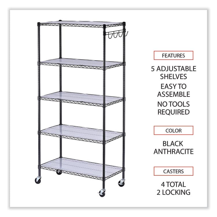 ALERA 5-Shelf Wire Shelving Kit with Casters and Shelf Liners, 36w x 18d x 72h, Black Anthracite (ALESW653618BA) thumbnail 3