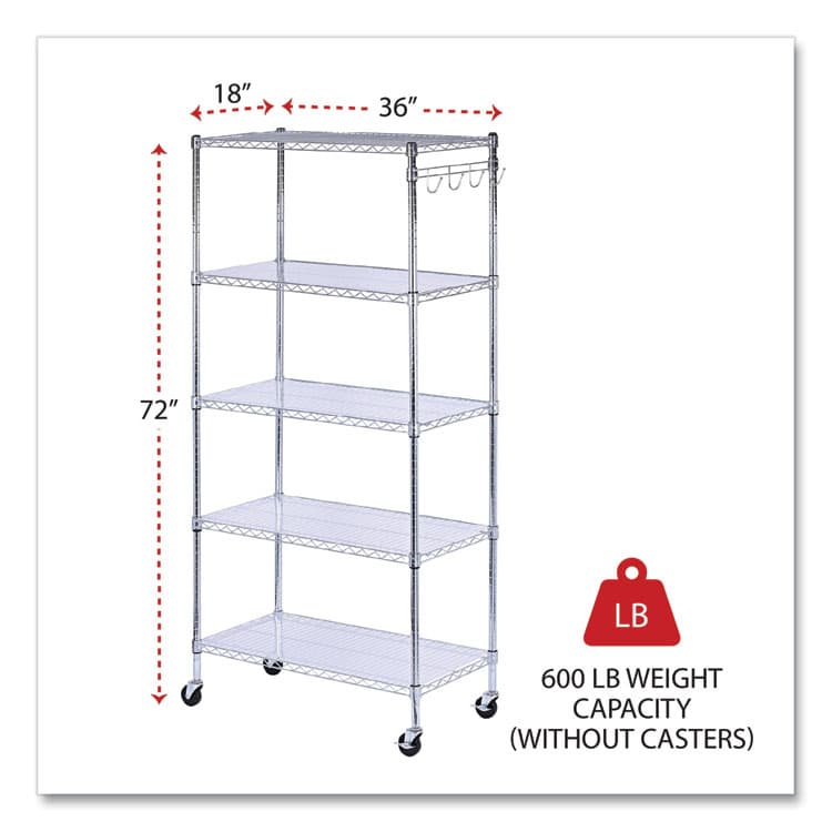 ALERA 5-Shelf Wire Shelving Kit with Casters and Shelf Liners, 36w x 18d x 72h, Silver (ALESW653618SR) thumbnail 2