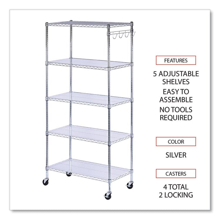 ALERA 5-Shelf Wire Shelving Kit with Casters and Shelf Liners, 36w x 18d x 72h, Silver (ALESW653618SR) thumbnail 3