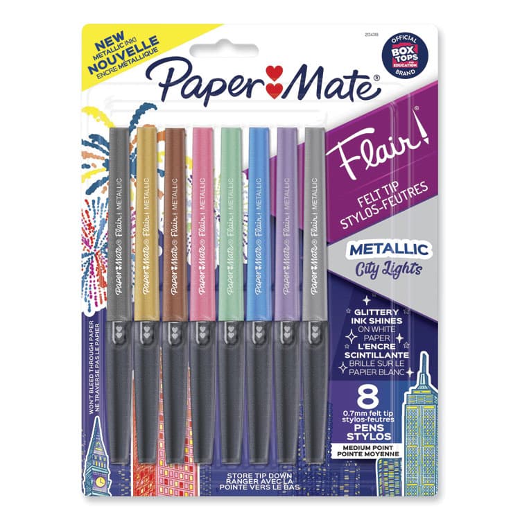SANFORD Flair Metallic Porous Point Pen, Stick, Medium 0.7 mm, Assorted Ink and Barrel Colors, 8/Pack (PAP2134319)