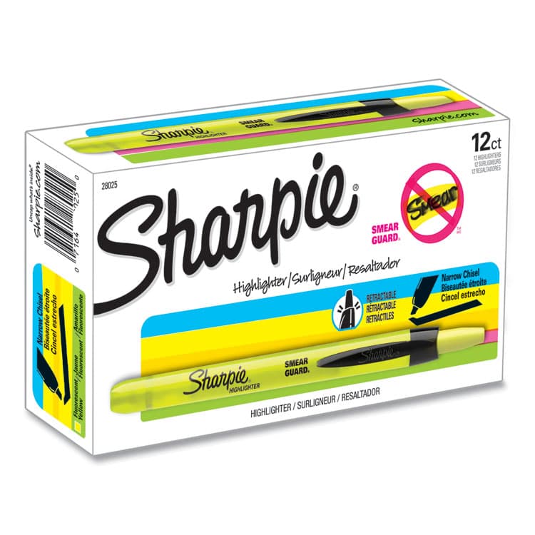 SANFORD Retractable Highlighters, Fluorescent Yellow Ink, Chisel Tip, Yellow/Black Barrel, Dozen (SAN28025)