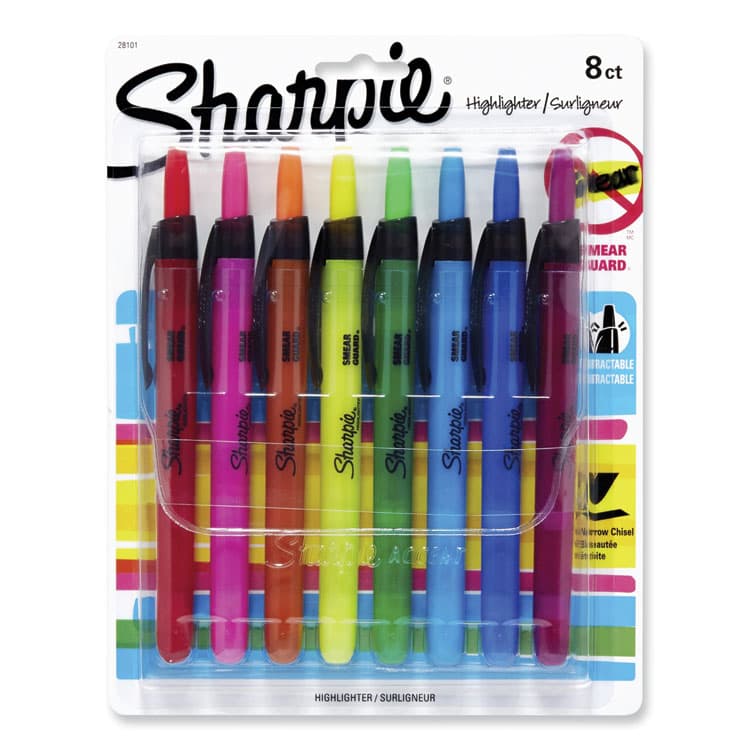 SANFORD Retractable Highlighters with Storage Pouch, Assorted Ink Colors, Chisel Tip, Assorted Barrel Colors, 8/Set (SAN28101)