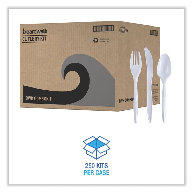 BOARDWALK Three-Piece Cutlery Kit, Mediumweight, Fork/Knife/Spoon, Plastic, White, 250/Carton (BWKCOMBOKIT) thumbnail 2