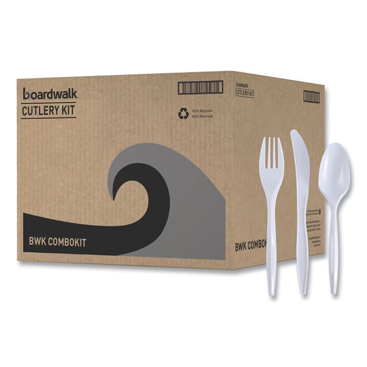BOARDWALK Three-Piece Cutlery Kit, Mediumweight, Fork/Knife/Spoon, Plastic, White, 250/Carton (BWKCOMBOKIT)