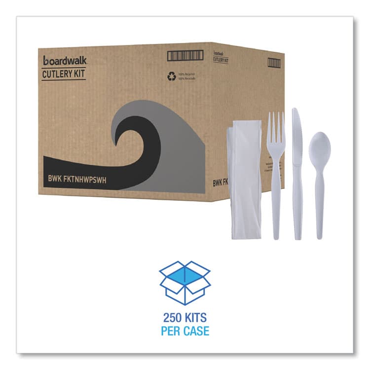 BOARDWALK Four-Piece Cutlery Kit, Heavyweight, Fork/Knife/Napkin/Spoon, Plastic, White, 250/Carton (BWKFKTNHWPSWH) thumbnail 2