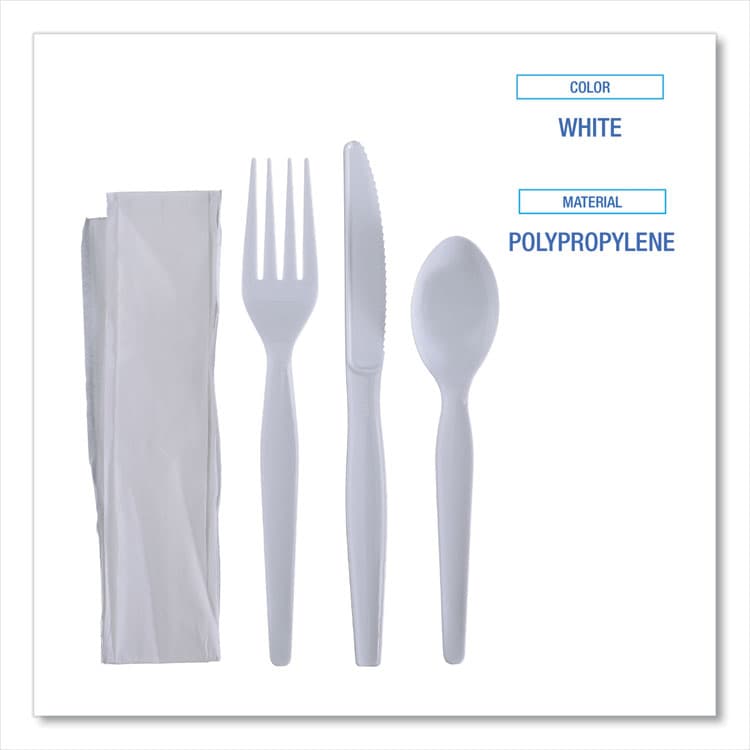BOARDWALK Four-Piece Cutlery Kit, Heavyweight, Fork/Knife/Napkin/Spoon, Plastic, White, 250/Carton (BWKFKTNHWPSWH) thumbnail 3