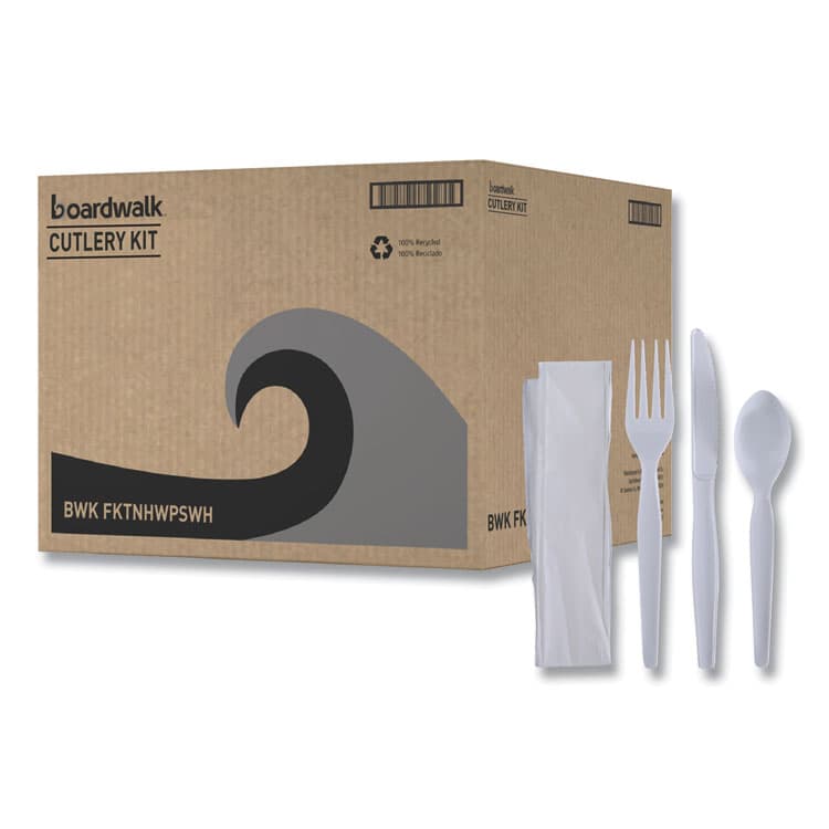 BOARDWALK Four-Piece Cutlery Kit, Heavyweight, Fork/Knife/Napkin/Spoon, Plastic, White, 250/Carton (BWKFKTNHWPSWH)