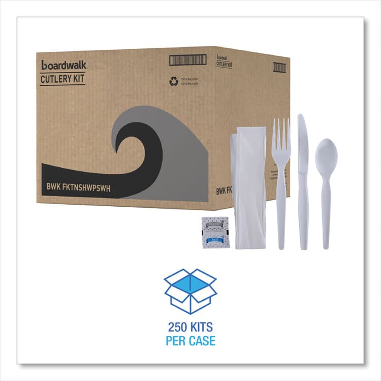 BOARDWALK Six-Piece Cutlery Kit, Heavyweight, Fork/Knife/Napkin/Pepper/Salt/Spoon, Plastic, White, 250/Carton (BWKFKTNSHWPSWH) thumbnail 2