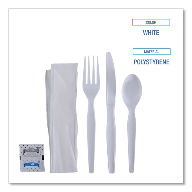 BOARDWALK Six-Piece Cutlery Kit, Heavyweight, Fork/Knife/Napkin/Pepper/Salt/Spoon, Plastic, White, 250/Carton (BWKFKTNSHWPSWH) thumbnail 3
