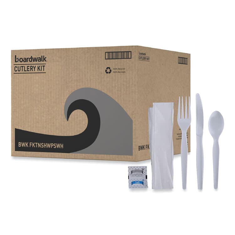 BOARDWALK Six-Piece Cutlery Kit, Heavyweight, Fork/Knife/Napkin/Pepper/Salt/Spoon, Plastic, White, 250/Carton (BWKFKTNSHWPSWH)