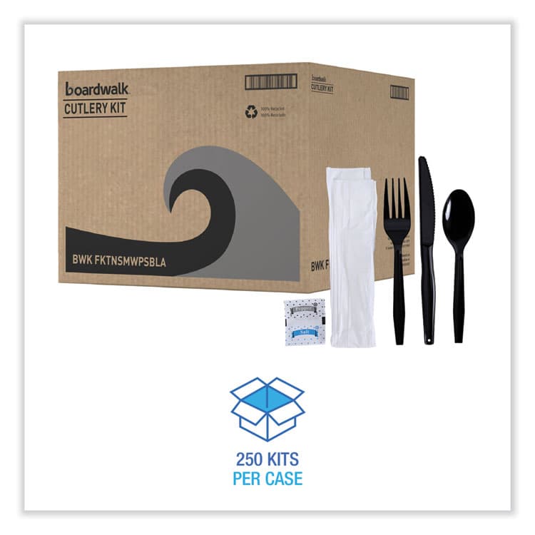 BOARDWALK Six-Piece Cutlery Kit, Mediumweight, Fork/Knife/Napkin/Pepper/Salt/Spoon, Plastic, Black, 250/Carton (BWKFKTNSMWPSBLA) thumbnail 2