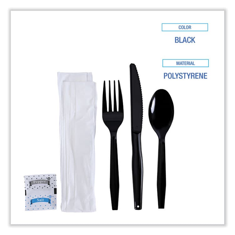 BOARDWALK Six-Piece Cutlery Kit, Mediumweight, Fork/Knife/Napkin/Pepper/Salt/Spoon, Plastic, Black, 250/Carton (BWKFKTNSMWPSBLA) thumbnail 3