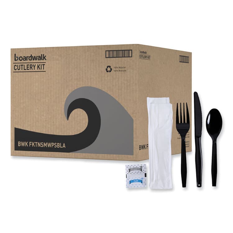 BOARDWALK Six-Piece Cutlery Kit, Mediumweight, Fork/Knife/Napkin/Pepper/Salt/Spoon, Plastic, Black, 250/Carton (BWKFKTNSMWPSBLA)