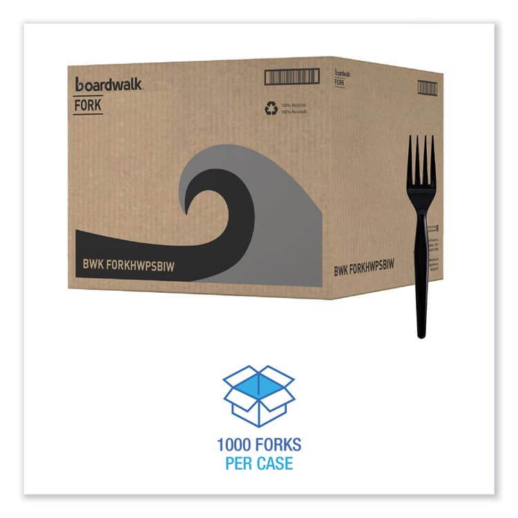 BOARDWALK Heavyweight Wrapped Polystyrene Cutlery, Fork, Plastic, Black, 1,000/Carton (BWKFORKHWPSBIW)