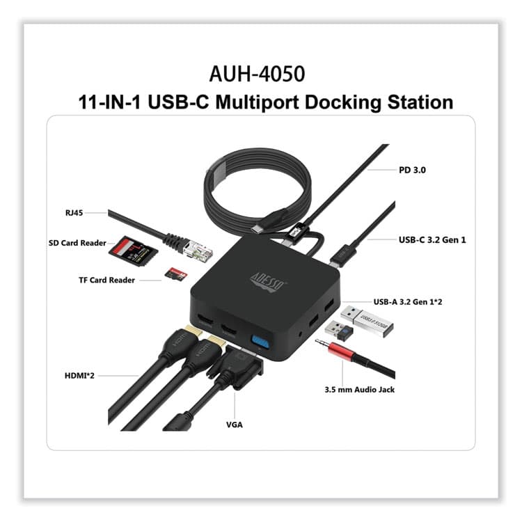 ADESSO 11-in-1 USB-C Multi-Port TAA Compliant Docking Station, Black (ADEAUH4050) thumbnail 2