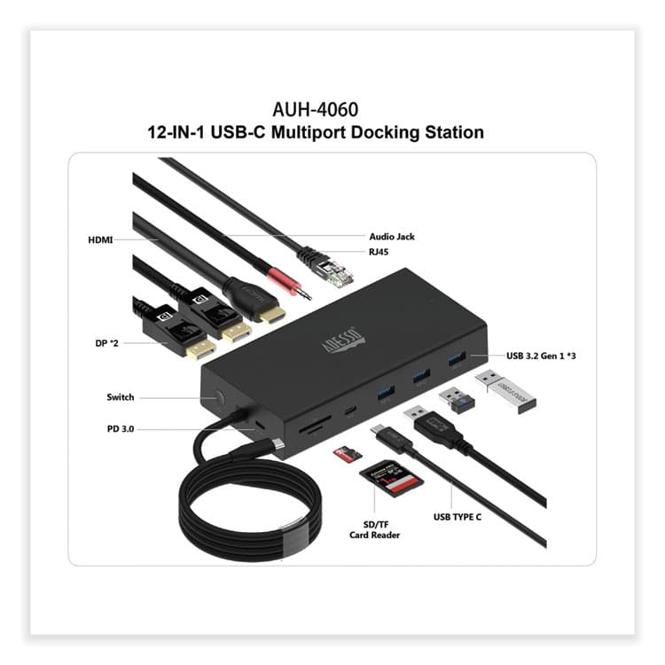 ADESSO 12-in-1 USB-C Multi-Port TAA Compliant Docking Station, Black (ADEAUH4060) thumbnail 2